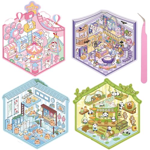 Wnqou 4 Sets DIY 3D Haus Aufkleber mit adorable Panda Teehaus & Miniatur Hot Spring Cottage Scenes - Niedliche Cartoon-Szene Sticker für Erwachsene und Kinder, Magic House Sticker Spiele für Mädchen von Wnqou