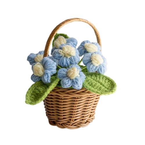 Wnvivi Mini-Häkelblumen, Topfpflanzen, Handgefertigte Strickblumen mit Rattankörben, Gehäkelter Kunstblumenkorb für Tischdekoration (F) von Wnvivi