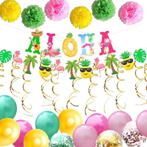 27 Stück Hawaii Party Deko, Party deko Sommer, Tropical Party Deko, Beach/Poolparty Deko - ALOHA Banner Dekoration, Papier Pompoms Blumen, Hängende Wirbel, Mädchen-Jungen-Party-Dekoration von WoRuyKot