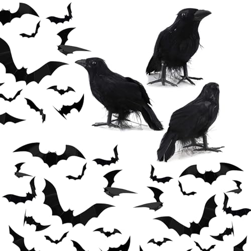 Halloween Requisiten Nachahmung Crow 3pcs, Hängende Fledermaus Deko 60 Stück, Krähen Künstliche, Vögel Schwarz Gefiederte Für Halloween Party Im Freien Dekoration von WoRuyKot