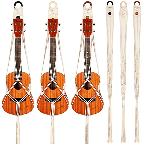 3 Stück 53,3 bis 61 cm, Makramee Ukulele Aufhänger Makramee Wandhalterung Hänger Boho Ukulele Wandhalter für Sopran-Ukulele-Koffer Wanddekor-Alternative Kit, schwarzer Ring und Holzperle von Woanger