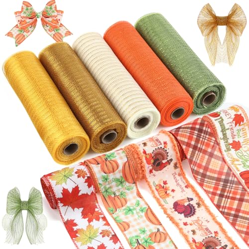 Woanger 10 Rollen Thanksgiving Day Band inklusive 5 Rollen Dekor Mesh Band 5 Rollen Polyester Rand Band Metallic Mesh Band Kranz Zubehör Wickelband Deko für DIY Zuhause Kranz Handwerk von Woanger