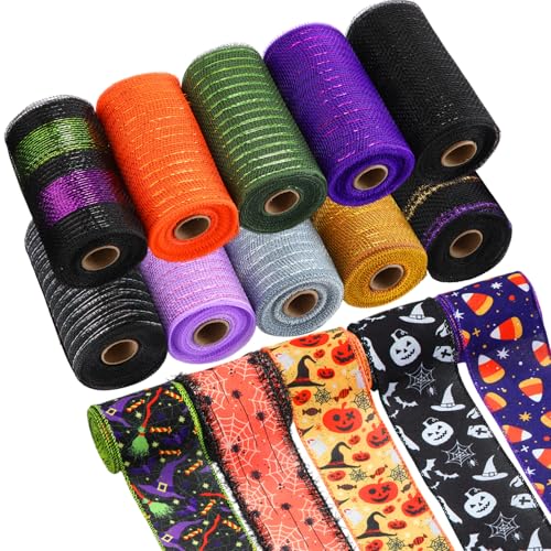 Woanger 15 Rollen Halloween-Netzband mit 10 Rollen 15 cm x 9,8 m Drahtgeflechtbänder und 5 Rollen 6,3 cm x 6,6 m Kürbis Geist Spinne dekorative Bänder für Kranz, Dekoration, Bastelarbeiten von Woanger