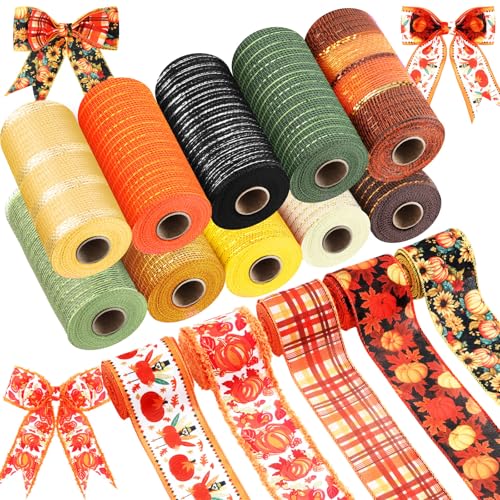 Woanger 15 Rollen Thanksgiving Day Herbst Mesh Ribbbon enthalten 10 Rollen 15 cm x 9,8 m Netzbänder, 5 Rollen 6,3 cm x 6,6 m, Herbstkürbis-Truthahn-kariert, dekorative Bänder für Kranz, DIY Handwerk von Woanger