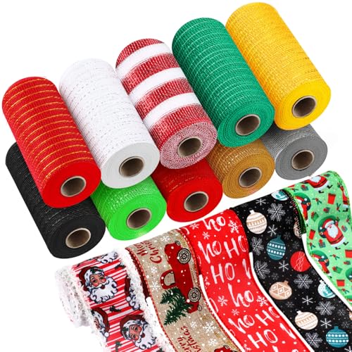 Woanger 15 Rollen Weihnachts-Mesh-Band, inklusive 10 Rollen 15 Rollen 15 cm x 9,8 m, 5 Rollen 6,3 cm x 6,6 m, Weihnachtsmann-Schneeflocke, dekorative Bänder für Kranz, Dekorationen, Bastelarbeiten von Woanger