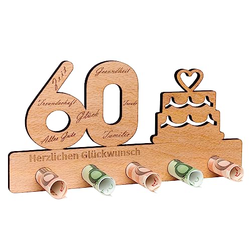 Geldgeschenk Holz- Holz-Schild Gästebuch- Geschenk zum 60.Geburtstag - Jubiläum - Dekoration - Geldgeschenkständer aus Holz - Holzaufsteller 60 für Geld- Geschenk, Gästebuch als Geburtstagskarte von Wobequ