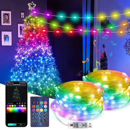 Wodasi 10m 100 LED Lichterkette, Wasserdicht Lichterketten mit Timer Fernbedienung, Musik Sync, APP Steuerung/Fernbedienung, USB Lichtschlauch für Weihnachten, Außen Party Deko (2 Stück 10m) von Wodasi