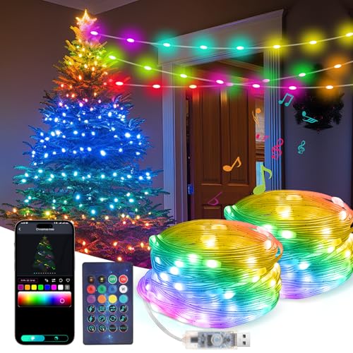 Wodasi 10m 100 LED Lichterkette, Wasserdicht Lichterketten mit Timer Fernbedienung, Musik Sync, APP Steuerung/Fernbedienung, USB Lichtschlauch für Weihnachten, Außen Party Deko (2 Stück 10m) von Wodasi