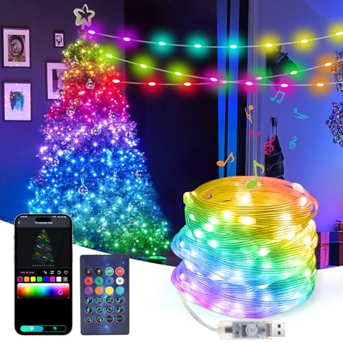 Wodasi 20m 100 LED Lichterkette, Wasserdicht Lichterketten mit Timer Fernbedienung, Musik Sync, APP Steuerung/Fernbedienung, USB Lichtschlauch für Weihnachten, Außen Party Deko (20m) von Wodasi