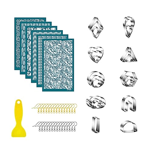 Woedpez 61 x Ton-Ohrring-Werkzeuge für die Schmuckherstellung mit Ton-Siebdruck-Schablonen, 24 Ton-Ohrringschneider, 30 Ohrringhaken von Woedpez