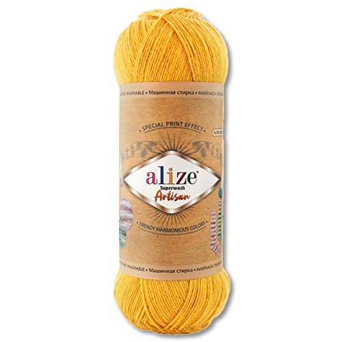 Alize 100 g Superwash Artisan Sockenwolle Premium 16 verschiedene Farben zur Auswahl Kontrast Häkeln Stricken (281 | Gelb) von Wohnkult