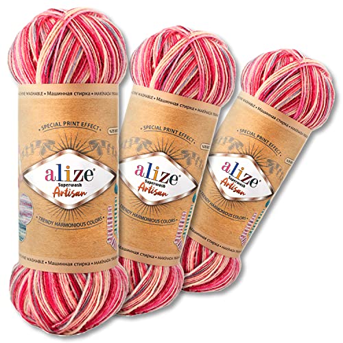 Alize 3 x 100 g Superwash Artisan Sockenwolle Premium 16 verschiedene Farben zur Auswahl Kontrast Häkeln Stricken (9002) von Wohnkult