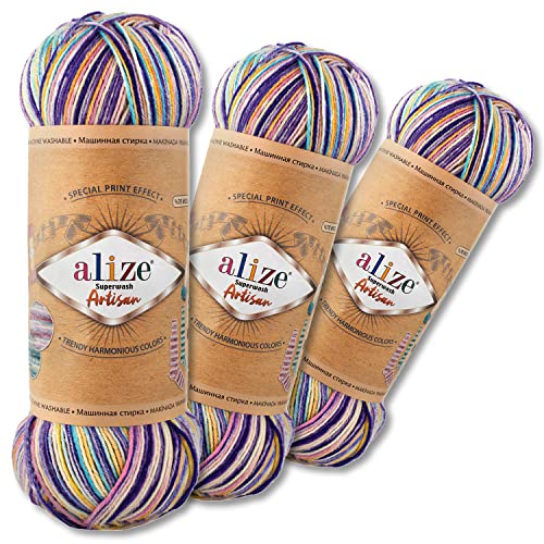 Alize 3 x 100 g Superwash Artisan Sockenwolle Premium 16 verschiedene Farben zur Auswahl Kontrast Häkeln Stricken (9003) von Wohnkult