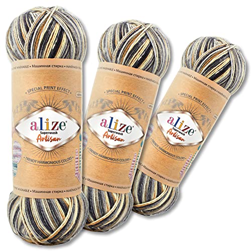 Alize 3 x 100 g Superwash Artisan Sockenwolle Premium 16 verschiedene Farben zur Auswahl Kontrast Häkeln Stricken (9005) von Wohnkult