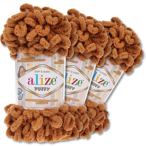 Alize 3x100 g Puffy PREMIUM Wolle 62 Farben zur Auswahl Chenille Schlaufenwolle Stricken und Häkeln ohne Hilfsmittel (179 | Kamelhaar) von Wohnkult