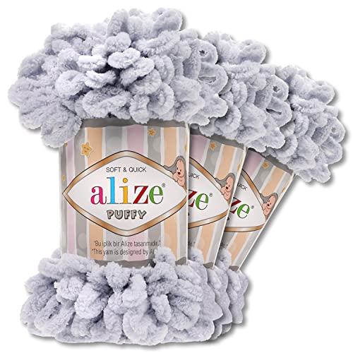 Alize 3x100 g Puffy PREMIUM Wolle 62 Farben zur Auswahl Chenille Schlaufenwolle Stricken und Häkeln ohne Hilfsmittel (416 | Hellgrau) von Wohnkult