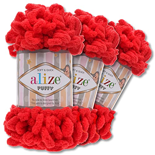 Alize 3x100 g Puffy PREMIUM Wolle 62 Farben zur Auswahl Chenille Schlaufenwolle Stricken und Häkeln ohne Hilfsmittel (56 | Rot) von Wohnkult