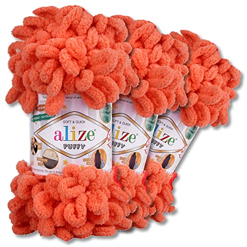 Alize 3x100 g Puffy PREMIUM Wolle 62 Farben zur Auswahl Chenille Schlaufenwolle Stricken und Häkeln ohne Hilfsmittel (619 | Koralle) von Wohnkult