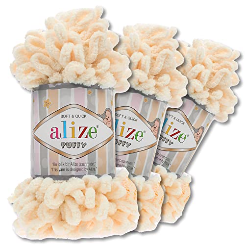 Alize 3x100 g Puffy PREMIUM Wolle 62 Farben zur Auswahl Chenille Schlaufenwolle Stricken und Häkeln ohne Hilfsmittel (742 | Pfirsich) von Wohnkult