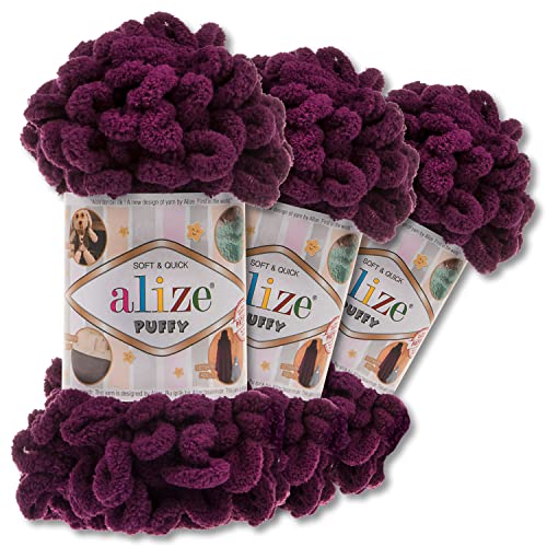 Alize 3x100 g Puffy PREMIUM Wolle 62 verschiedene Farben zur Auswahl Chenille Schlaufenwolle Stricken und Häkeln ohne Hilfsmittel (111 | Pflaume) von Wohnkult