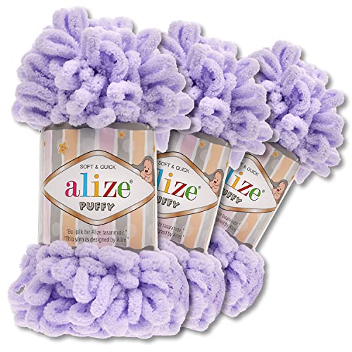 Alize 3x100 g Puffy PREMIUM Wolle 62 verschiedene Farben zur Auswahl Chenille Schlaufenwolle Stricken und Häkeln ohne Hilfsmittel (146 | Flieder) von Wohnkult