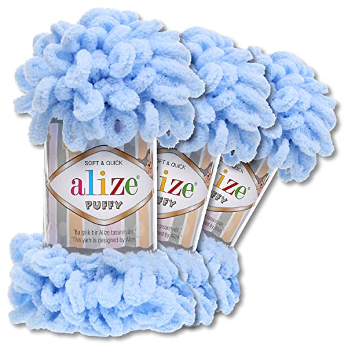 Alize 3x100 g Puffy PREMIUM Wolle 62 verschiedene Farben zur Auswahl Chenille Schlaufenwolle Stricken und Häkeln ohne Hilfsmittel (183 | Hellblau) von Wohnkult