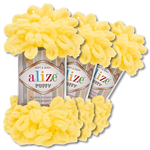 Alize 3x100 g Puffy PREMIUM Wolle 62 verschiedene Farben zur Auswahl Chenille Schlaufenwolle Stricken und Häkeln ohne Hilfsmittel (216 | Gelb) von Wohnkult