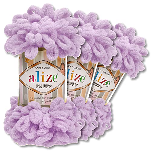 Alize 3x100 g Puffy PREMIUM Wolle 62 verschiedene Farben zur Auswahl Chenille Schlaufenwolle Stricken und Häkeln ohne Hilfsmittel (27 | Helllila) von Wohnkult