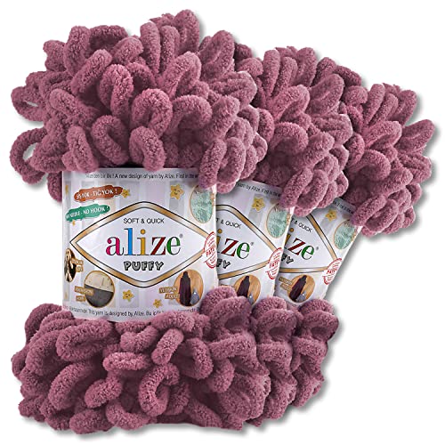 Alize 3x100 g Puffy PREMIUM Wolle 62 verschiedene Farben zur Auswahl Chenille Schlaufenwolle Stricken und Häkeln ohne Hilfsmittel (28 | Mauve) von Wohnkult