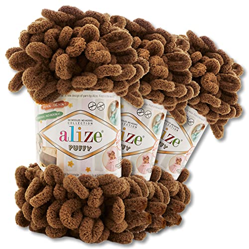 Alize 3x100 g Puffy PREMIUM Wolle 62 verschiedene Farben zur Auswahl Chenille Schlaufenwolle Stricken und Häkeln ohne Hilfsmittel (321 | Mokka) von Wohnkult