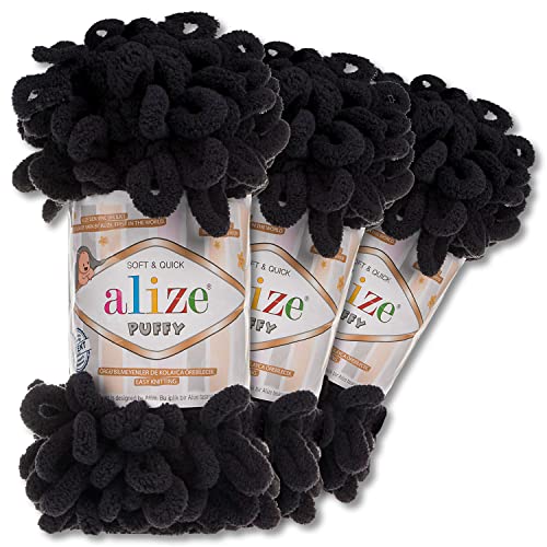 Alize 3x100 g Puffy PREMIUM Wolle 62 verschiedene Farben zur Auswahl Chenille Schlaufenwolle Stricken und Häkeln ohne Hilfsmittel (60 | Schwarz) von Wohnkult