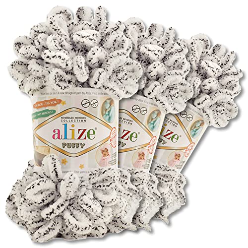 Alize 3x100 g Puffy PREMIUM Wolle 62 verschiedene Farben zur Auswahl Chenille Schlaufenwolle Stricken und Häkeln ohne Hilfsmittel (686 | Schneeleopard) von Wohnkult