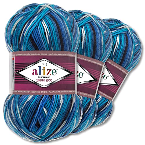 Alize 3x100g Superwash Comfort Sockenwolle 33 Farben zur Auswahl ein-/mehrfarbig Pullover Kleidung Wolle (4446) von Wohnkult