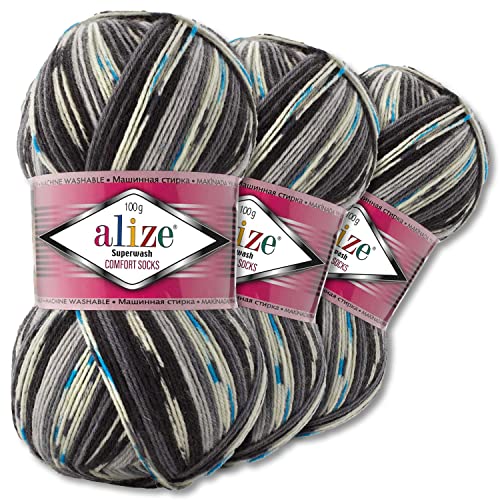 Alize 3x100g Superwash Comfort Sockenwolle 33 Farben zur Auswahl ein-/mehrfarbig Pullover Kleidung Wolle (7650) von Wohnkult