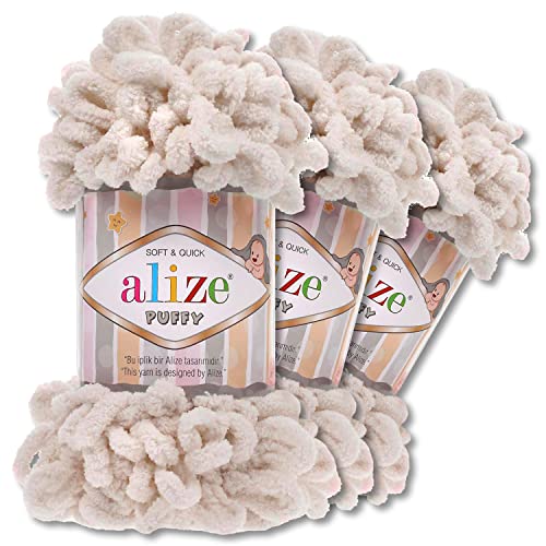 Alize 3x100 g Puffy PREMIUM Wolle 62 verschiedene Farben zur Auswahl Chenille Schlaufenwolle Stricken und Häkeln ohne Hilfsmittel (599 | Knochen) von Wohnkult