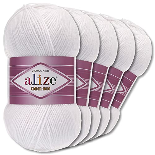 Wohnkult Alize 5 x 100 g Cotton Gold Premium Wolle| 39 Farben Sommerwolle Garn Stricken Amigurumi (55 | Weiß) von Wohnkult