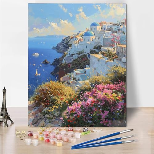 Malen Nach Zahlen Erwachsene Blume Santorin Malen Nach Zahlen Kinder mit 3-Pinseln und Acrylfarbe DIY Set, Paint by Numbers Adult Leinwand Handgemalt öLgemälde Kit Als Wanddeko Geschenk 45x60cm -4o88 von Wohoaqig