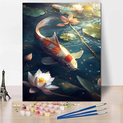 Malen Nach Zahlen Erwachsene Blumen Fisch Malen Nach Zahlen Kinder mit 3-Pinseln und Acrylfarbe DIY Set, Paint by Numbers Adult Leinwand Handgemalt öLgemälde Kit Als Wanddeko Geschenk 45x60cm -0o78 von Wohoaqig