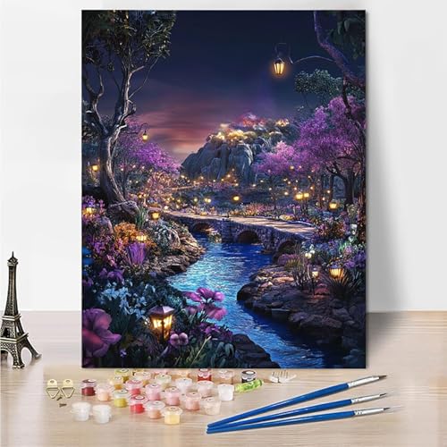 Malen Nach Zahlen Erwachsene Blumen Fluss Malen Nach Zahlen Kinder mit 3-Pinseln und Acrylfarbe DIY Set, Paint by Numbers Adult Leinwand Handgemalt öLgemälde Kit Als Wanddeko Geschenk 45x60cm -Jo27 von Wohoaqig