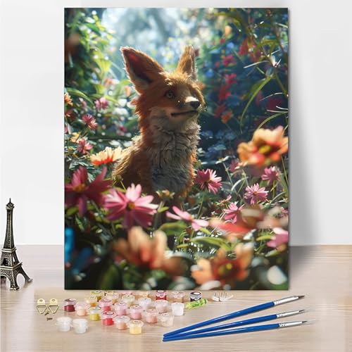 Malen Nach Zahlen Erwachsene Blumen Fuchs Malen Nach Zahlen Kinder mit 3-Pinseln und Acrylfarbe DIY Set, Paint by Numbers Adult Leinwand Handgemalt öLgemälde Kit Als Wanddeko Geschenk 45x60cm -Mo65 von Wohoaqig