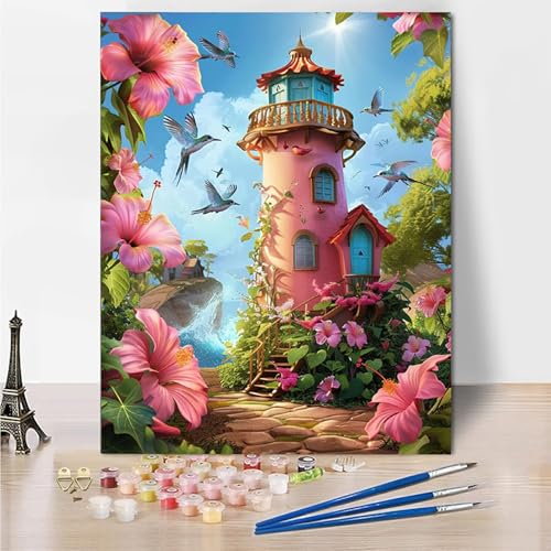 Malen Nach Zahlen Erwachsene Blumen Leuchtturm Malen Nach Zahlen Kinder mit 3-Pinseln und Acrylfarbe DIY Set, Paint by Numbers Adult Handgemalt öLgemälde Kit Als Zuhause Deko Geschenk 45x60cm -4o94 von Wohoaqig