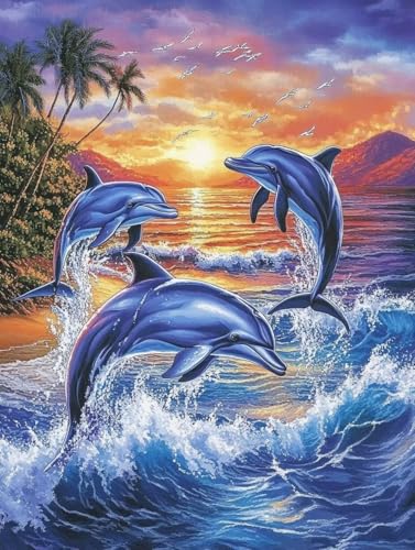 Malen Nach Zahlen Erwachsene Delfin Sonnenuntergang Malen Nach Zahlen Kinder mit 3-Pinseln und Acrylfarbe DIY Set, Paint by Numbers Adult Leinwand Handgemalt öLgemälde Kit Als Wand Deko 50x65cm -3o44 von Wohoaqig