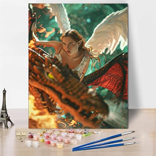 Malen Nach Zahlen Erwachsene Drache Engel Malen Nach Zahlen Kinder mit 3-Pinseln und Acrylfarbe DIY Set, Paint by Numbers Adult Leinwand Handgemalt öLgemälde Kit Als Wanddeko Geschenk 50x65cm -3o62 von Wohoaqig