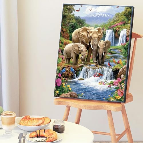 Malen Nach Zahlen Erwachsene Elefanten Wasserfall Malen Nach Zahlen Kinder mit 3-Pinseln und Acrylfarbe DIY Set, Paint by Numbers Adult Handgemalt öLgemälde Kit Als Zuhause Deko Geschenk 45x60cm -Co27 von Wohoaqig