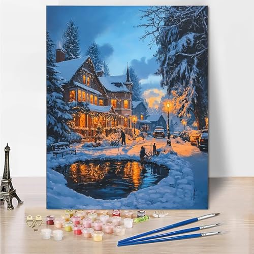 Malen Nach Zahlen Erwachsene Groß 70x95cm, Malen Nach Zahlen Winter Paint By Numbers Stadt Bastelset Erwachsene, DIY Handgemalt Ölgemälde Kit mit 3- Pinseln und Acrylfarbe, Geschenke für Frauen -9o19 von Wohoaqig