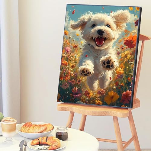 Malen Nach Zahlen Erwachsene Hund, Malen Nach Zahlen ab 7 Jahre Mädchen, Malen Nach Zahlen Blume mit 3-Pinseln und Acrylfarbe, DIY Handgemalt Ölgemälde Leinwand Kits, Wanddeko Geschenk 40x50cm -7o50 von Wohoaqig