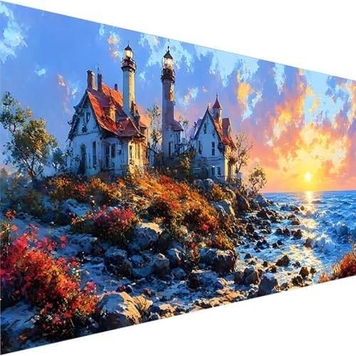 Malen Nach Zahlen Erwachsene Kinder Anfänger Meer DIY Handgemalt Ölgemälde auf Leinwand Kit für Home Deko oder Geburtstag Festival Geschenk mit 3-Pinseln und Acrylfarbe, Leuchtturm (100x200cm) O-D von Wohoaqig