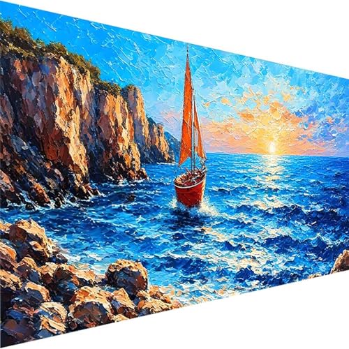 Malen Nach Zahlen Erwachsene Landschaft - Anfänger - Knitterfreie Leinwand, Pinsels Und Acrylfarbe - DIY Handgemalt Ölgemälde Kit Als Geschenk (100x200cm) Malen Nach Zahlen Meer (Ohne Rahmen) S-1 von Wohoaqig