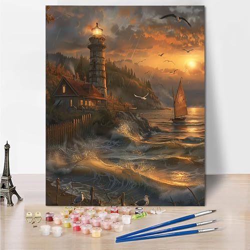 Malen Nach Zahlen Erwachsene Leuchtturm Meer Malen Nach Zahlen Kinder mit 3-Pinseln und Acrylfarbe DIY Set, Paint by Numbers Adult Handgemalt öLgemälde Kit Als Zuhause Deko Geschenk 45x60cm -Do86 von Wohoaqig