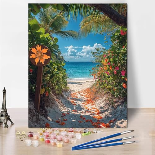 Malen Nach Zahlen Erwachsene Strand Blume Malen Nach Zahlen Kinder mit 3-Pinseln und Acrylfarbe DIY Set, Paint by Numbers Adult Leinwand Handgemalt öLgemälde Kit Als Wanddeko Geschenk 45x60cm -Do13 von Wohoaqig